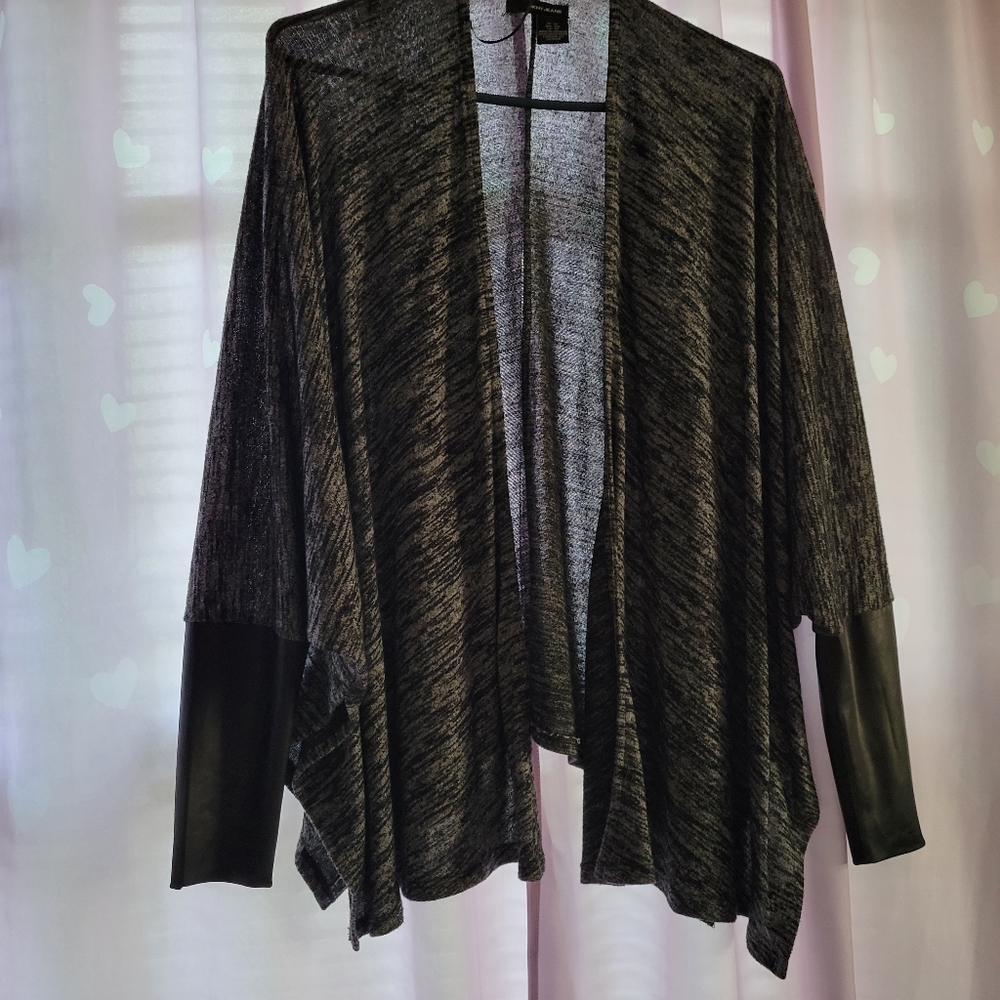 DKNY JEANS Open Front Faux Leather Sleeve Cardigan